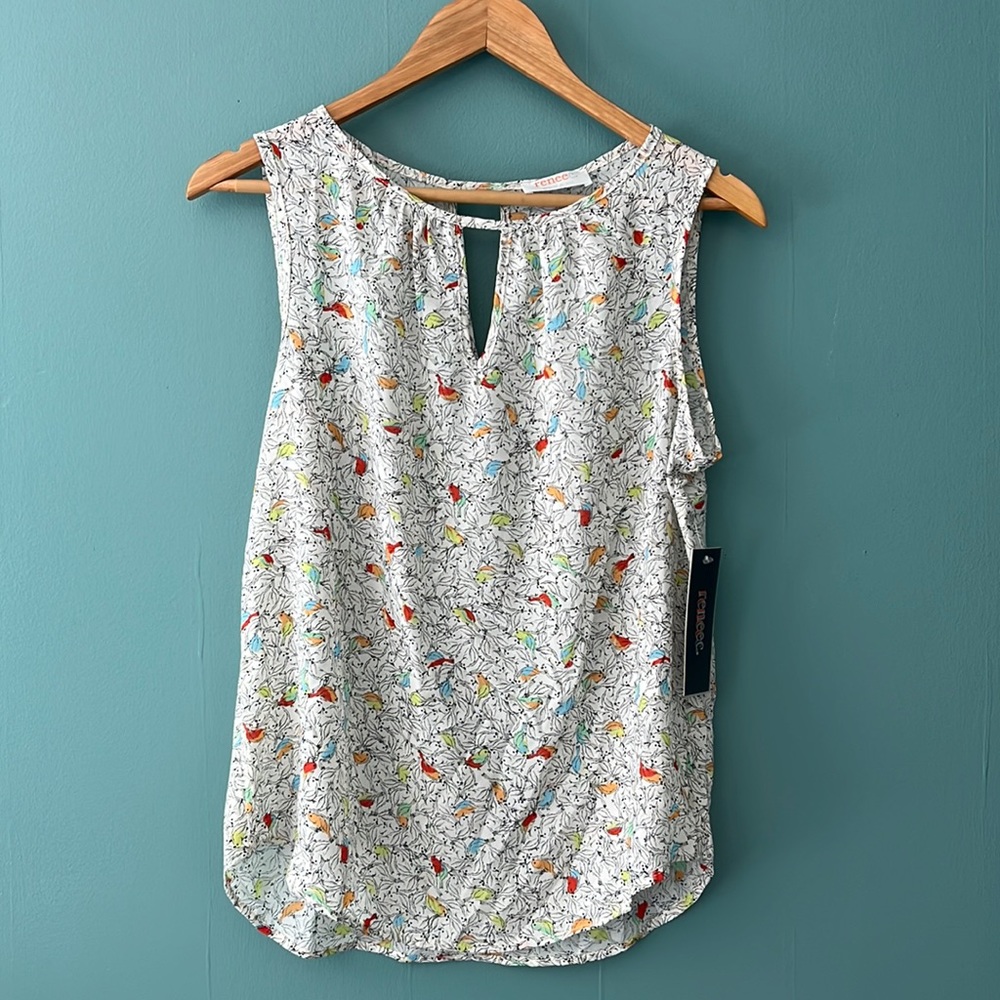 Renee C Sleeveless Keyhole Blouse with Bird Print Sz Lg